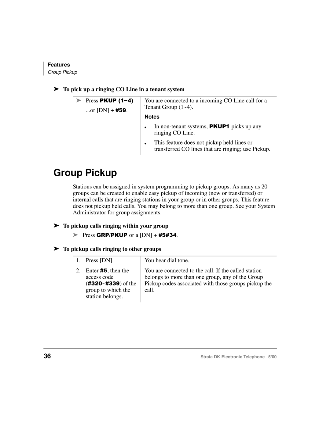 Toshiba Strata DK Group Pickup, To pick up a ringing CO Line in a tenant system, To pickup calls ringing within your group 