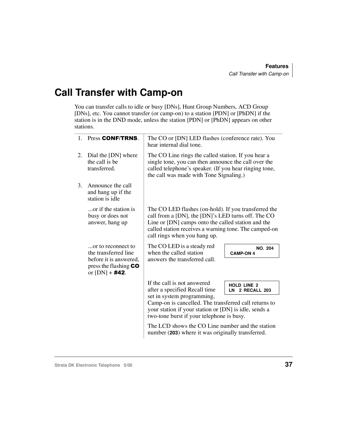 Toshiba Strata DK Call Transfer with Camp-on, CO LED is a steady red When the called station, Answers the transferred call 