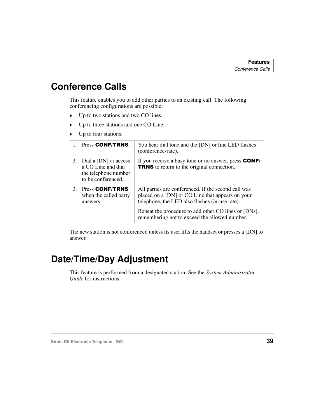 Toshiba Strata DK manual Conference Calls, Date/Time/Day Adjustment 