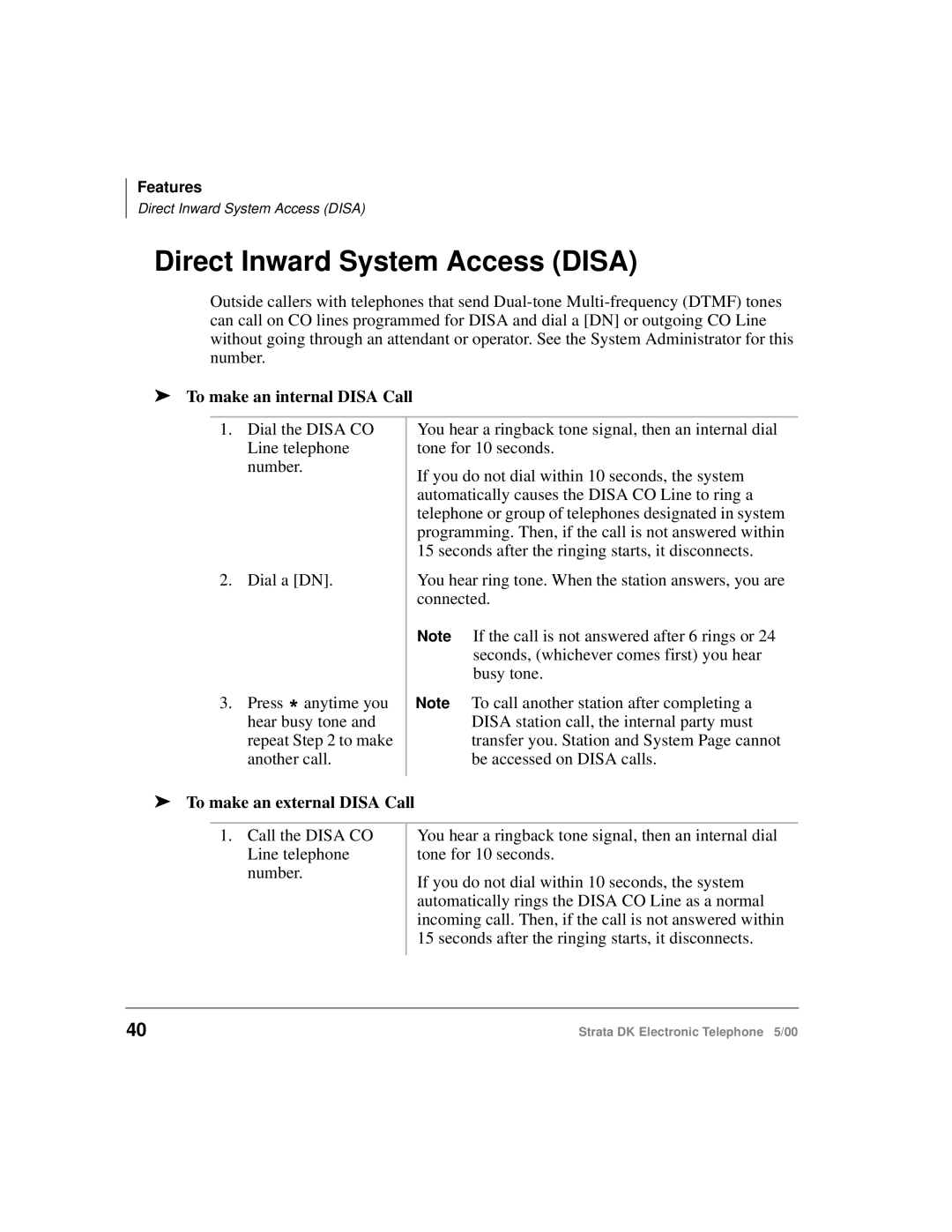 Toshiba Strata DK manual Direct Inward System Access Disa, To make an internal Disa Call, To make an external Disa Call 