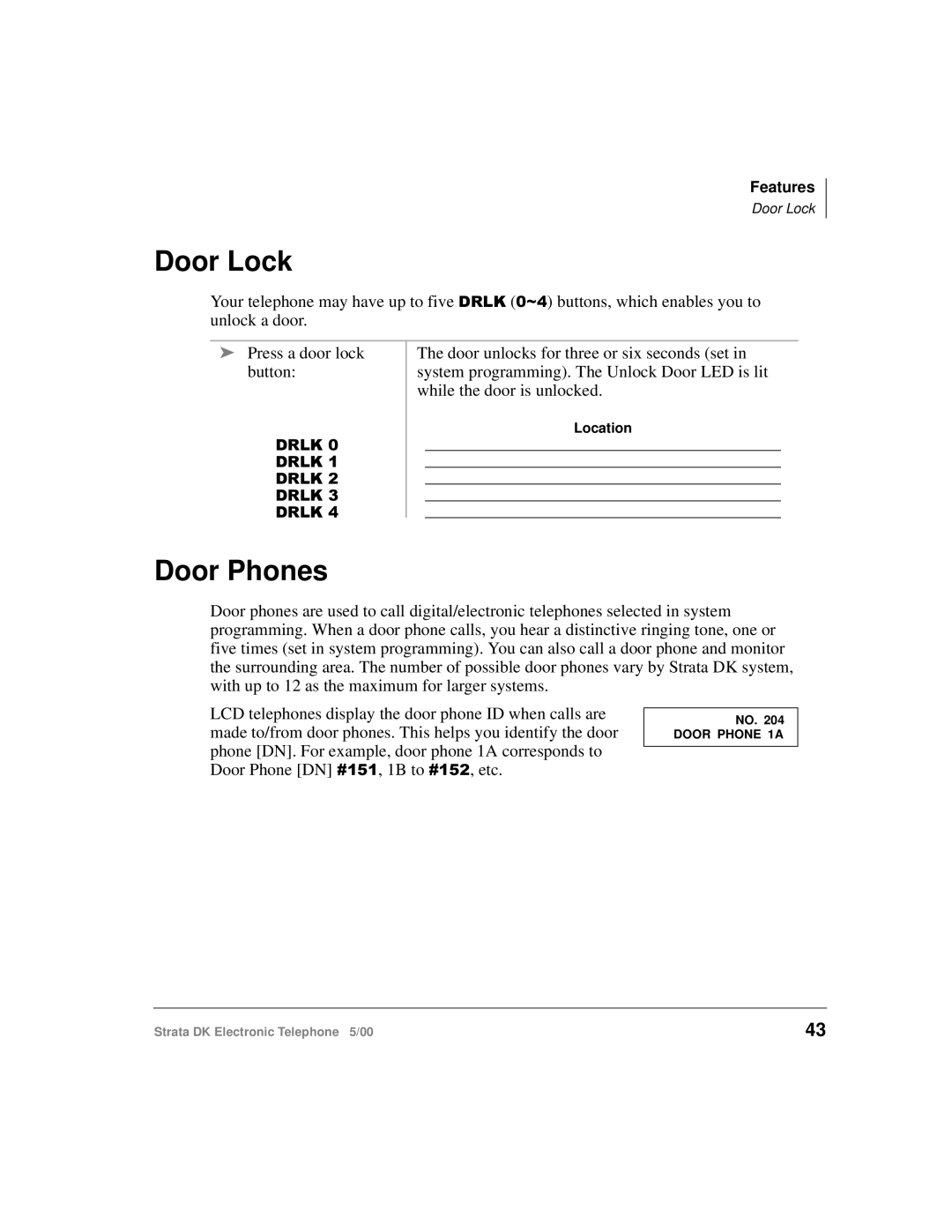 Toshiba Strata DK manual Door Lock, Door Phones 