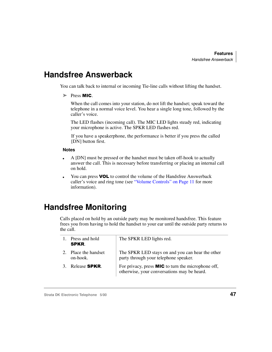 Toshiba Strata DK manual Handsfree Answerback, Handsfree Monitoring 