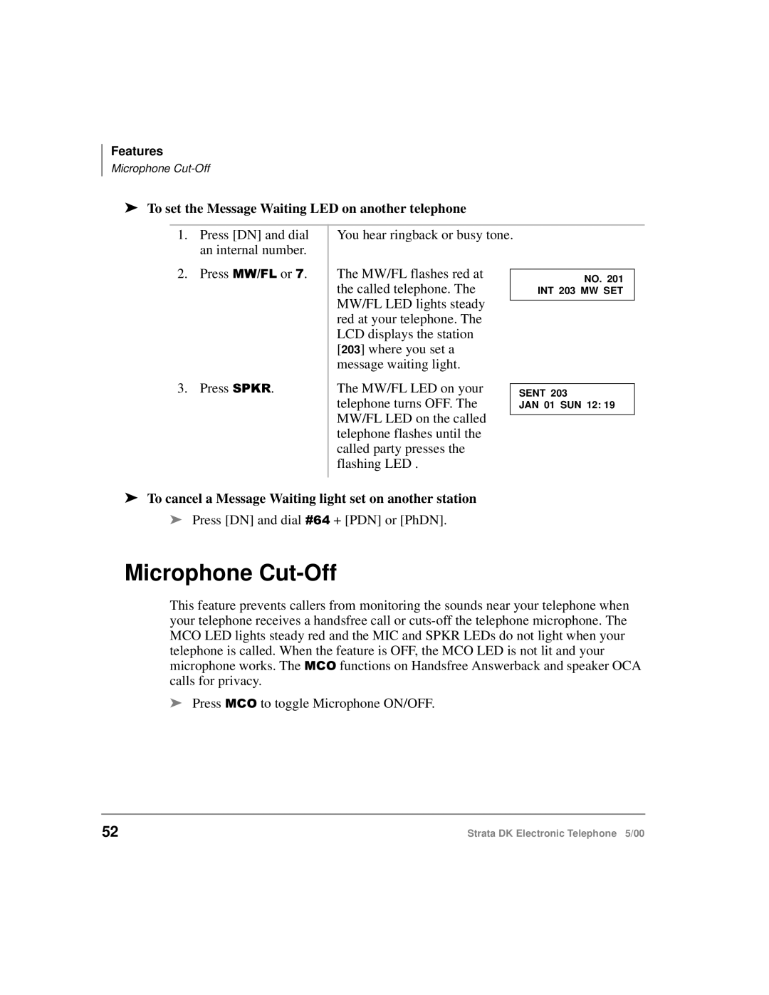 Toshiba Strata DK manual Microphone Cut-Off, To set the Message Waiting LED on another telephone 