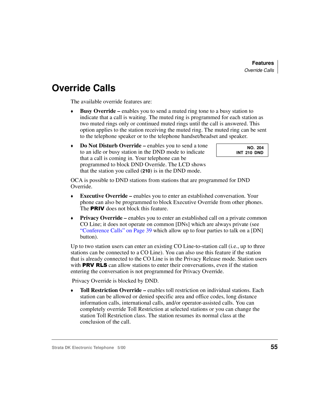 Toshiba Strata DK manual Override Calls 