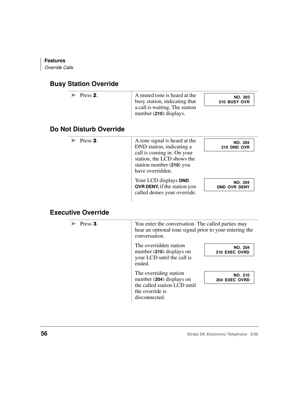 Toshiba Strata DK manual Busy Station Override, Do Not Disturb Override, Executive Override 