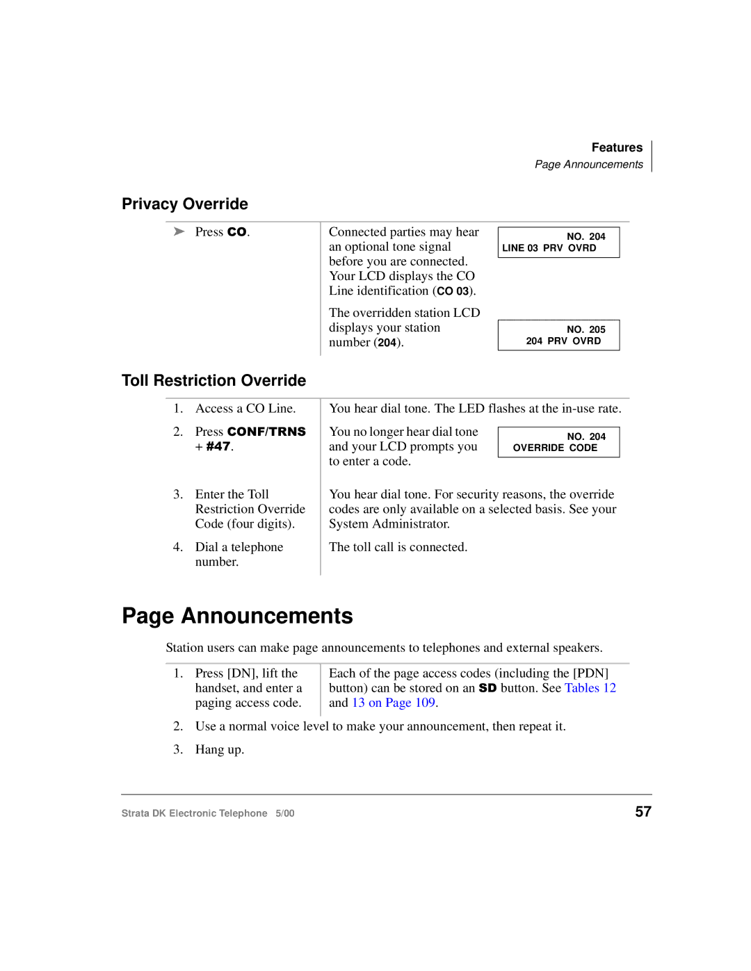 Toshiba Strata DK manual Announcements, Privacy Override, Toll Restriction Override 