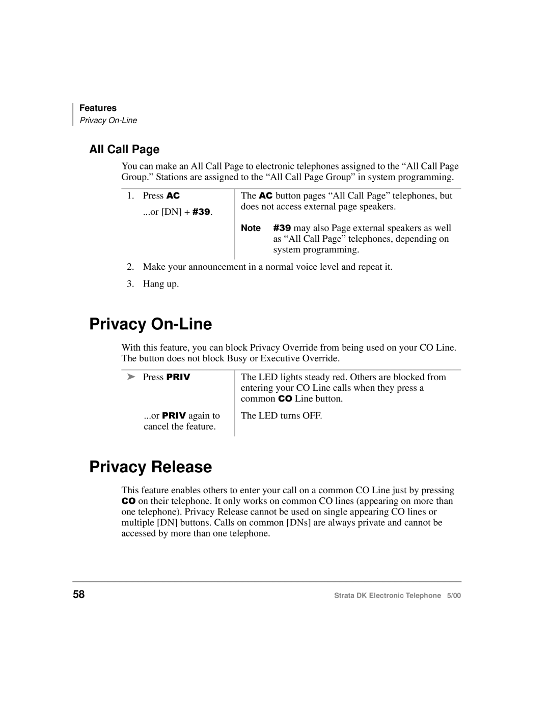 Toshiba Strata DK manual Privacy On-Line, Privacy Release, All Call 