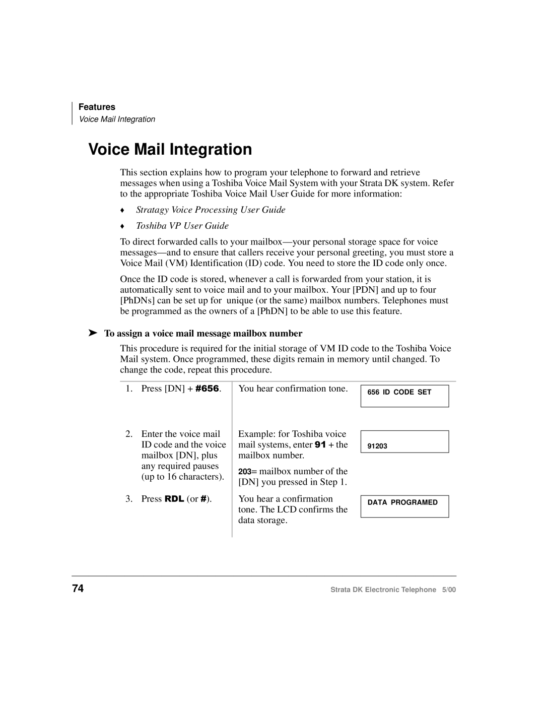 Toshiba Strata DK manual Voice Mail Integration, To assign a voice mail message mailbox number 