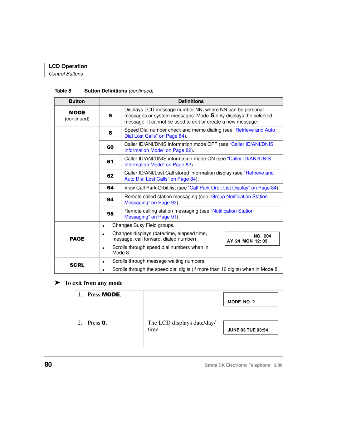 Toshiba Strata DK manual To exit from any mode, LCD Operation 