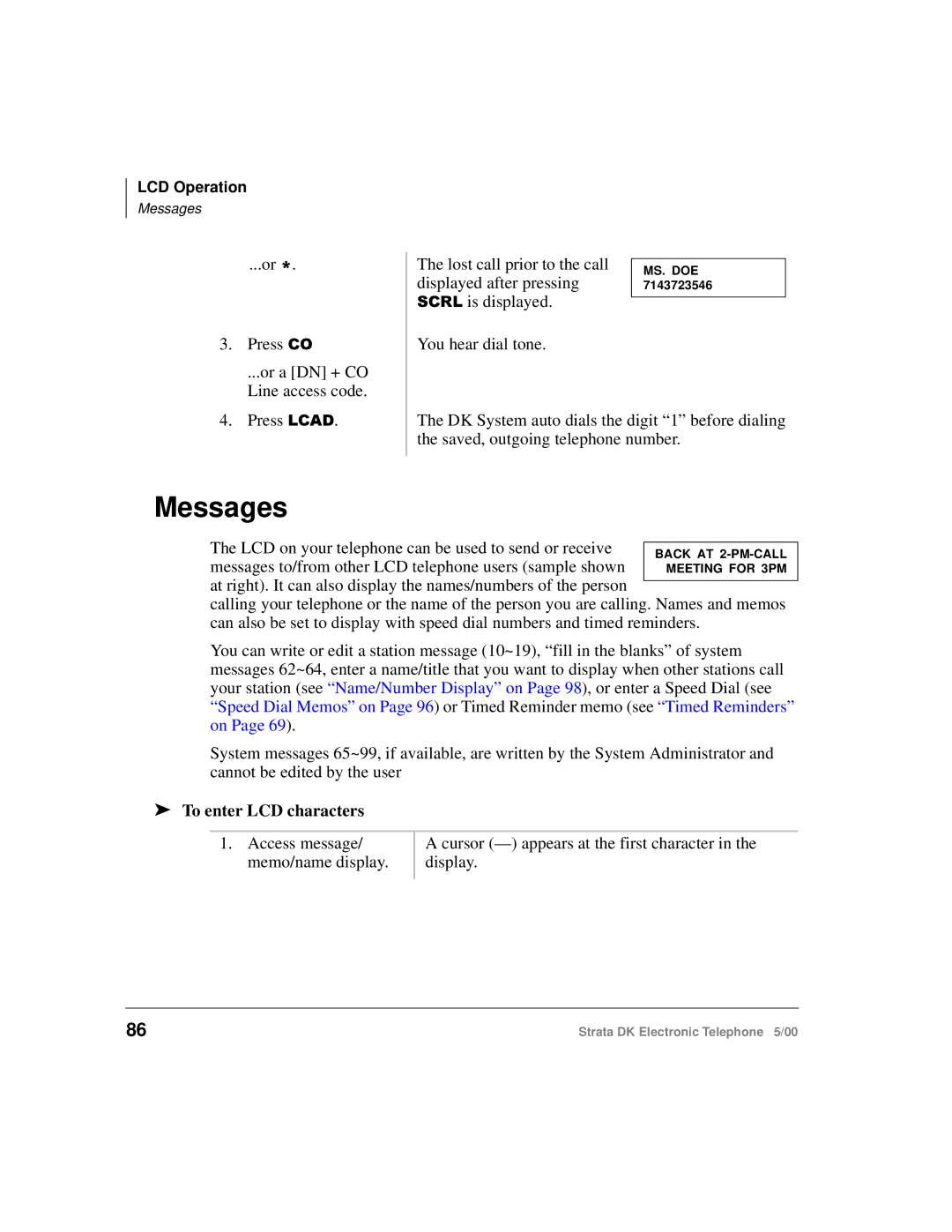 Toshiba Strata DK manual Messages, To enter LCD characters 