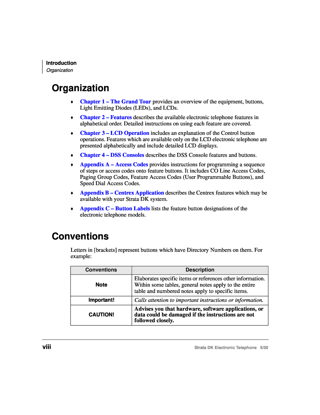 Toshiba Strata DK manual Organization, Conventions, viii, Elaborates specific items or references other information 