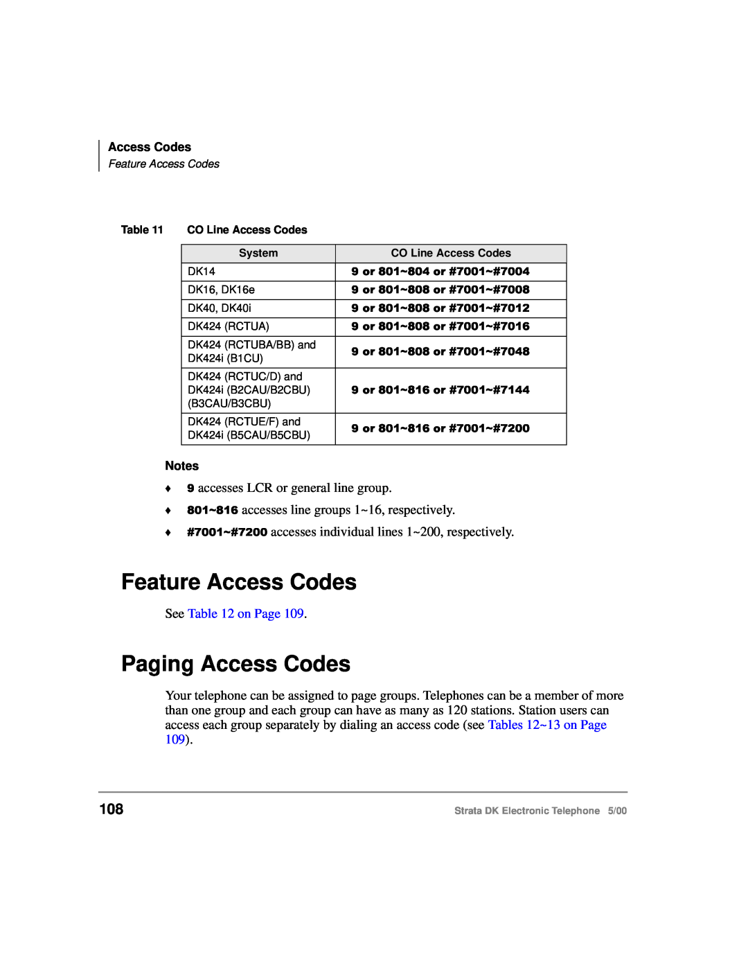 Toshiba Strata DK manual Feature Access Codes, Paging Access Codes, See on Page 