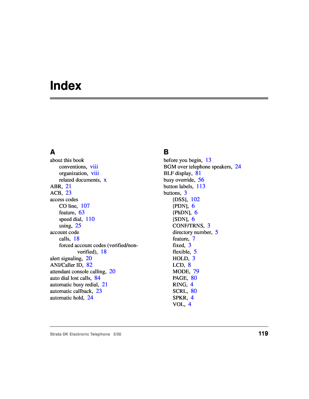 Toshiba Strata DK manual Index, viii 