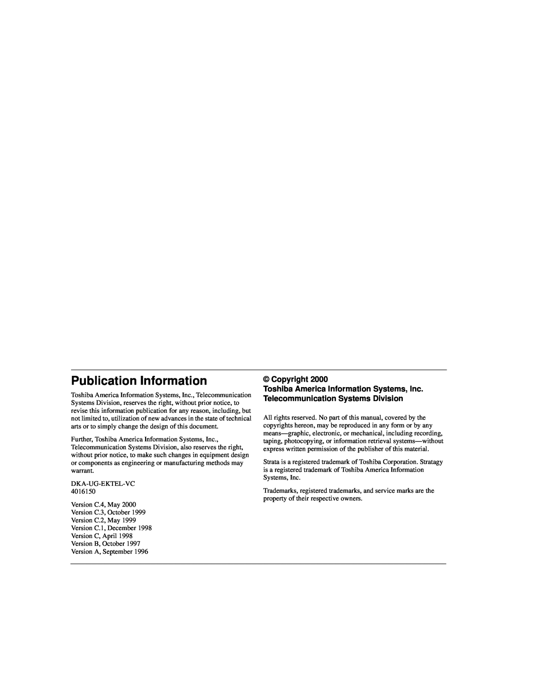 Toshiba Strata DK manual Publication Information 