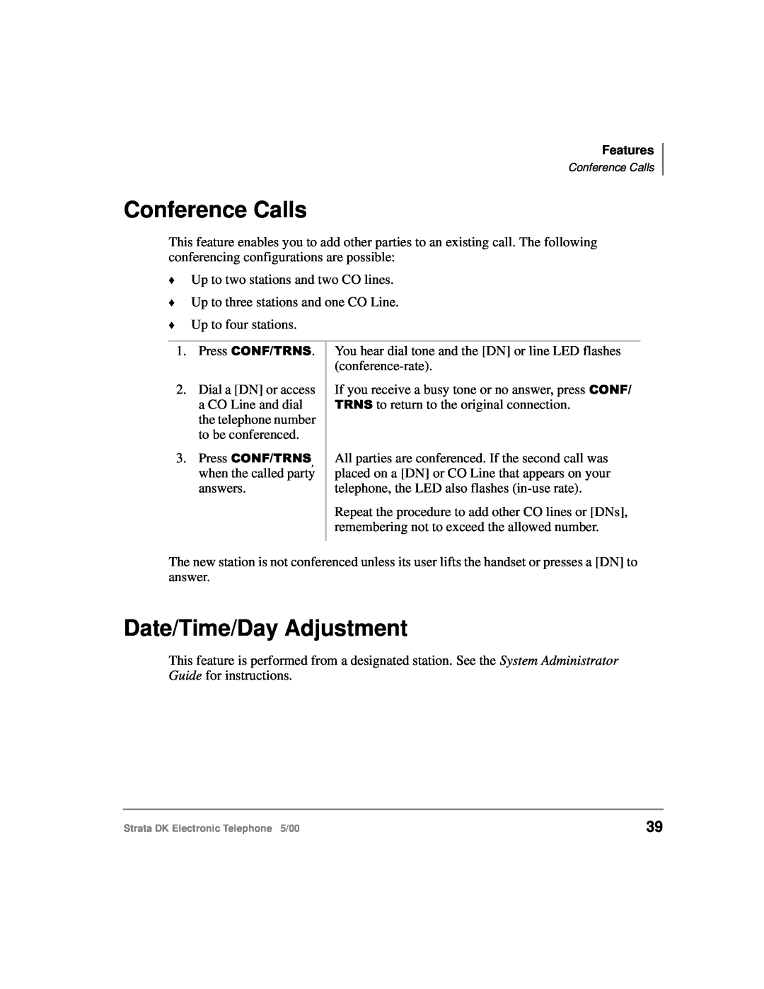 Toshiba Strata DK manual Conference Calls, Date/Time/Day Adjustment 