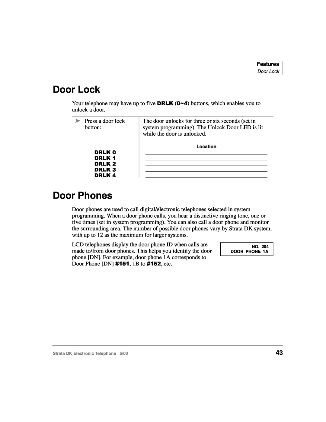 Toshiba Strata DK manual Door Lock, Door Phones 