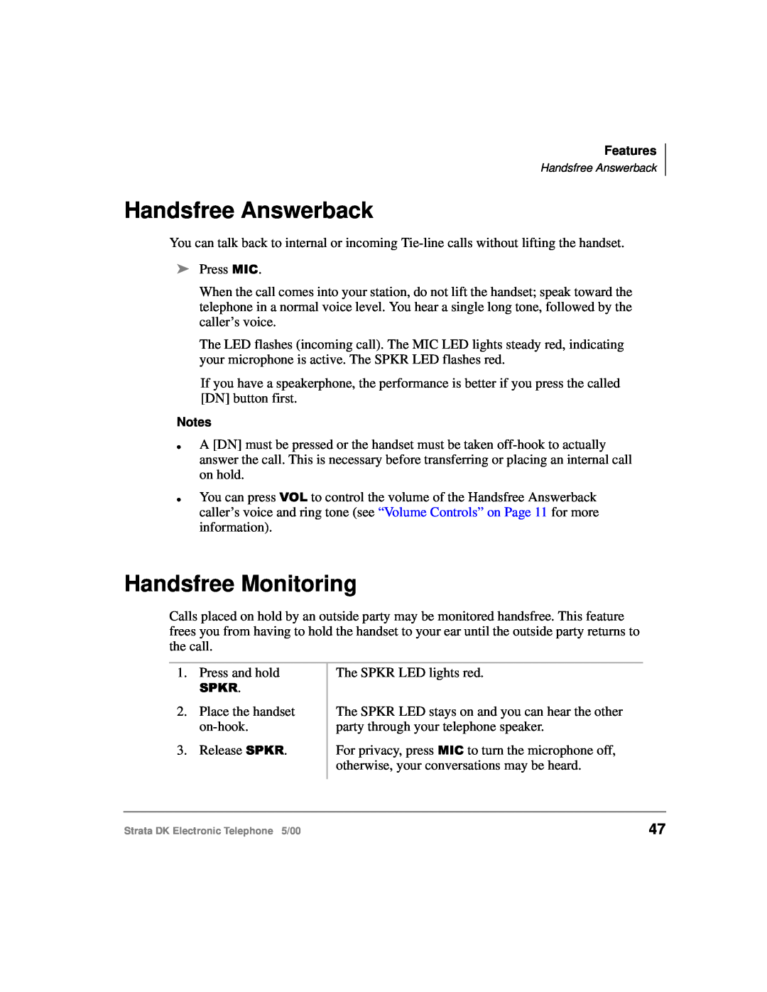 Toshiba Strata DK manual Handsfree Answerback, Handsfree Monitoring 