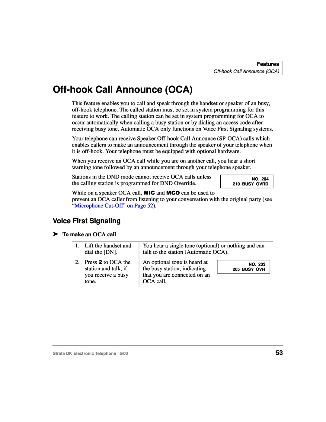 Toshiba Strata DK manual Off-hook Call Announce OCA, Voice First Signaling, To make an OCA call 