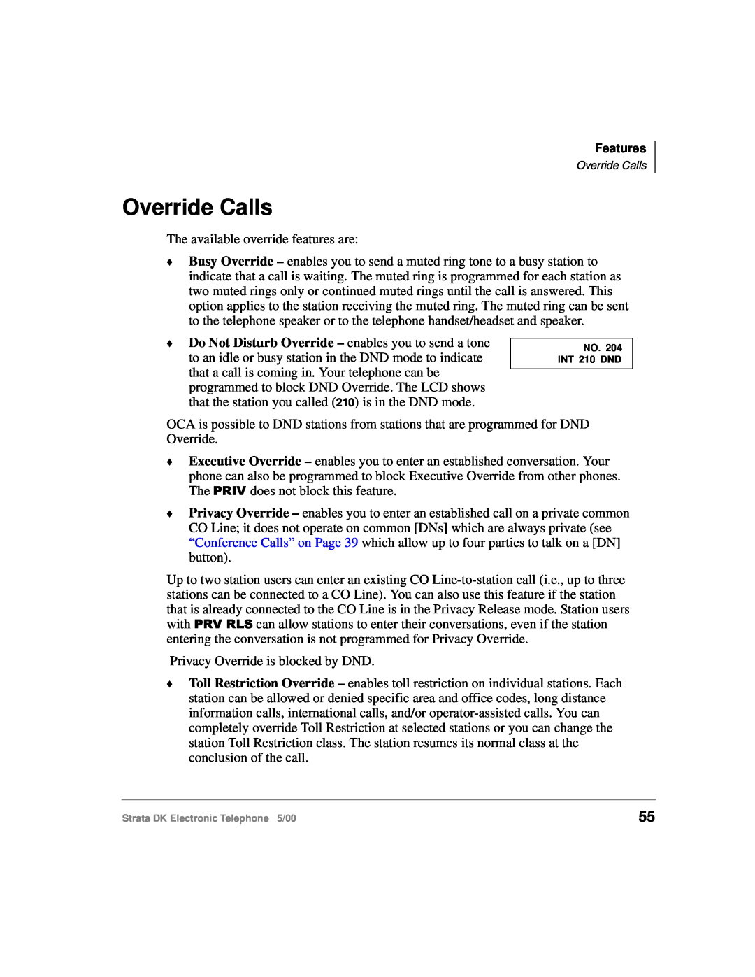 Toshiba Strata DK manual Override Calls 