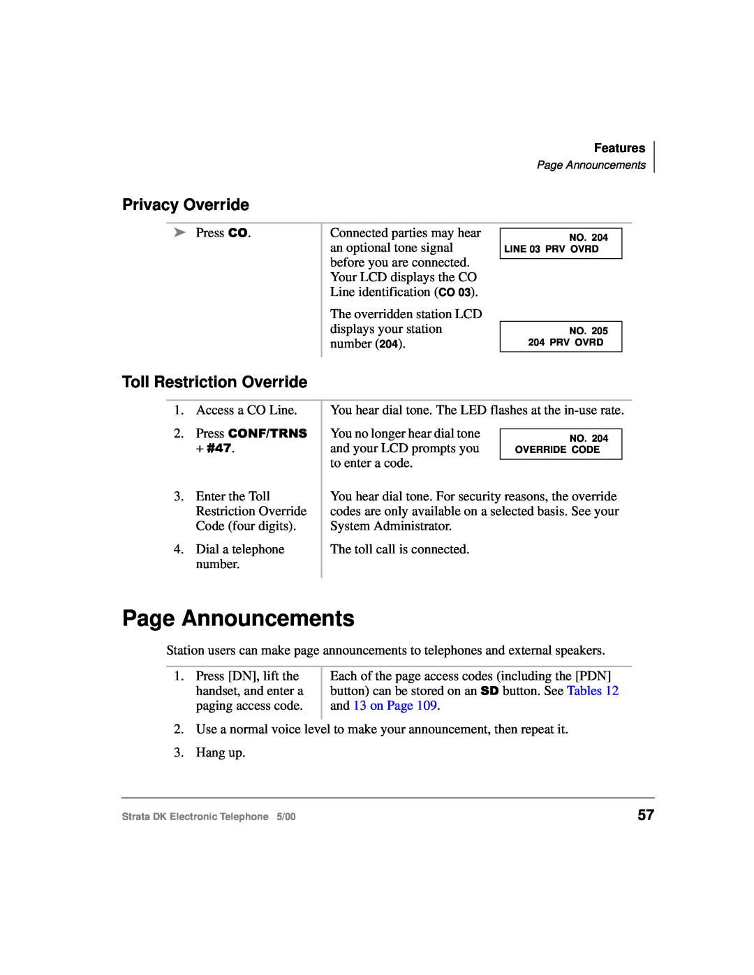 Toshiba Strata DK manual Page Announcements, Privacy Override, Toll Restriction Override 