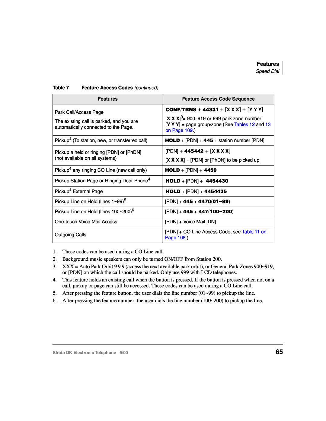 Toshiba Strata DK manual Features, These codes can be used during a CO Line call 