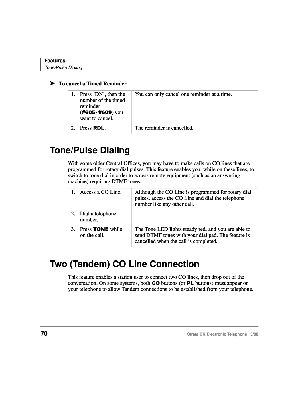 Toshiba Strata DK manual Tone/Pulse Dialing, Two Tandem CO Line Connection, To cancel a Timed Reminder 