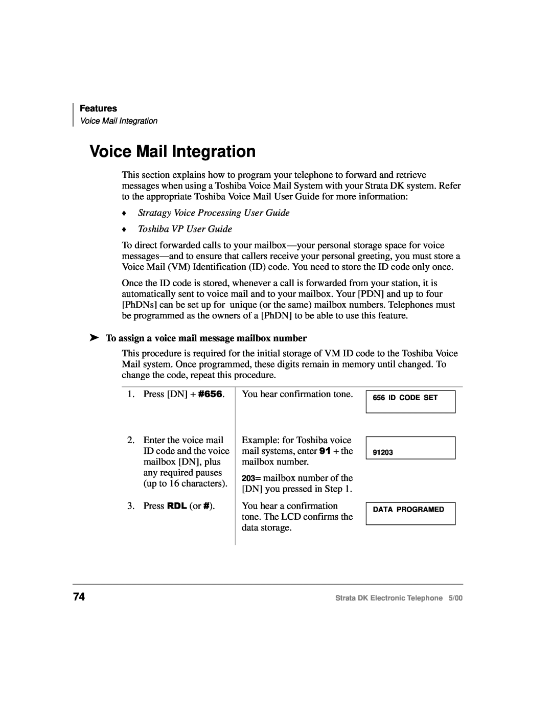 Toshiba Strata DK manual Voice Mail Integration, Stratagy Voice Processing User Guide Toshiba VP User Guide 