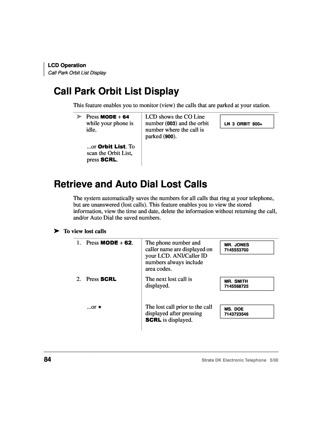 Toshiba Strata DK manual Call Park Orbit List Display, Retrieve and Auto Dial Lost Calls, To view lost calls 