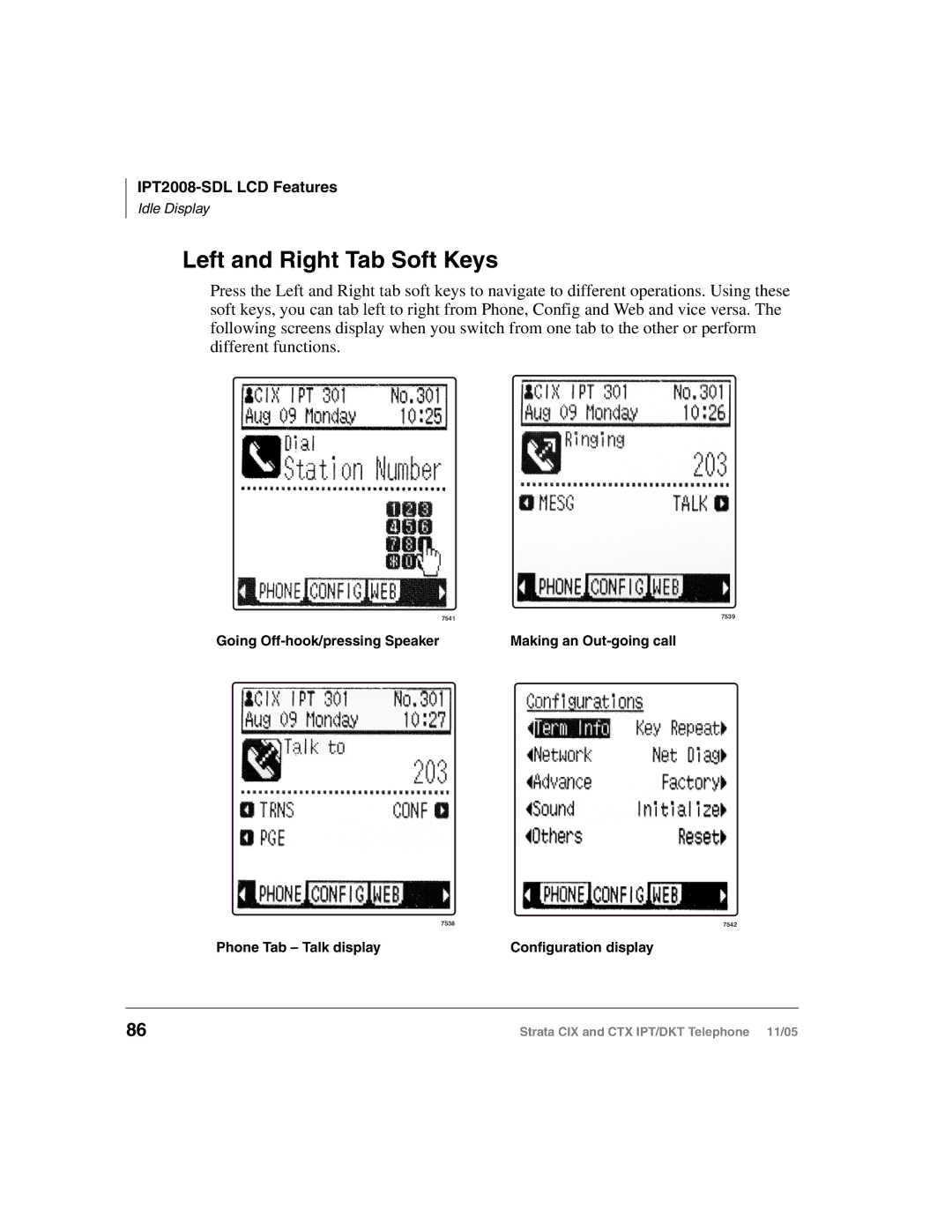 Toshiba Strata DKT, Strata IPT manual Left and Right Tab Soft Keys, Going Off-hook/pressing Speaker Making an Out-going call 