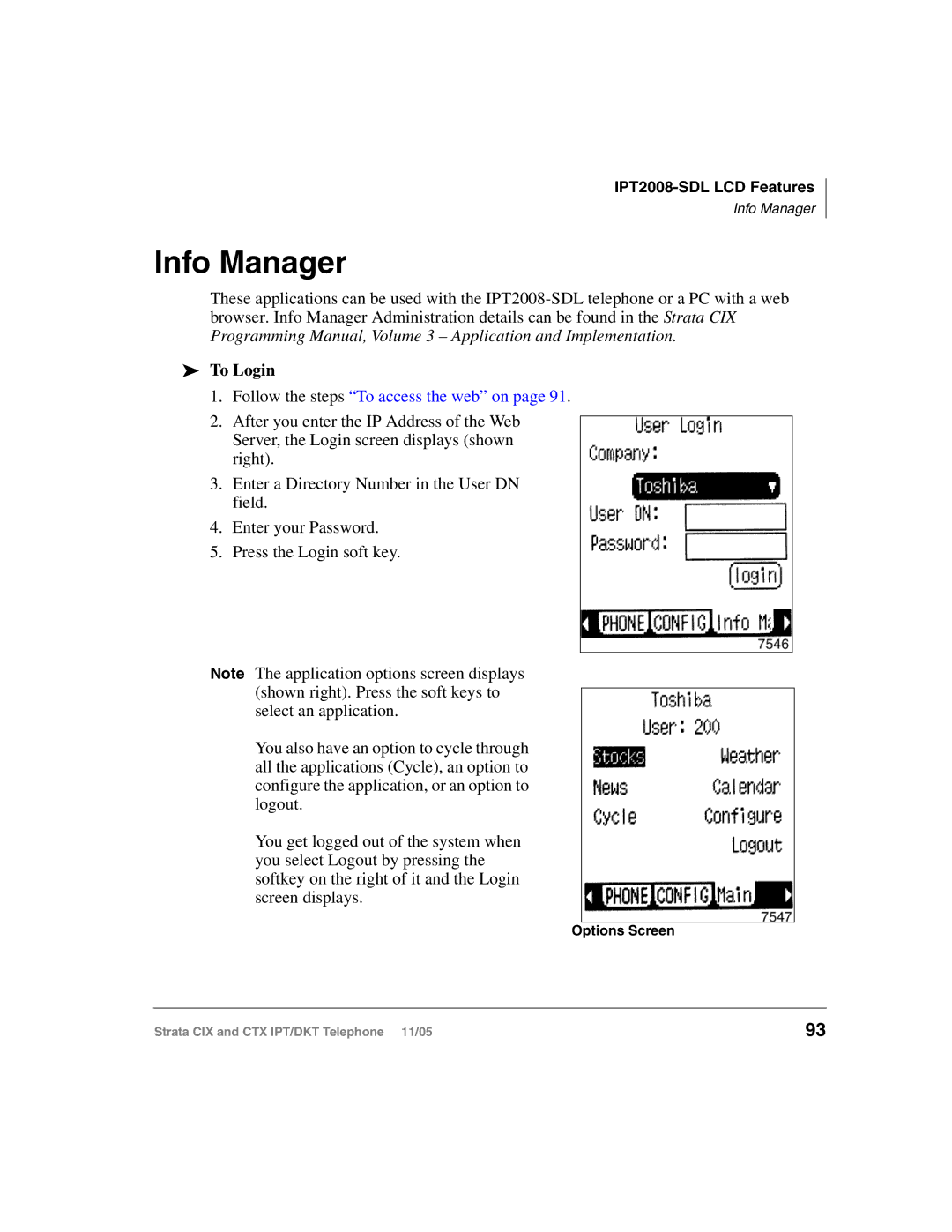 Toshiba Strata IPT, Strata DKT manual Info Manager, To Login, Options Screen 