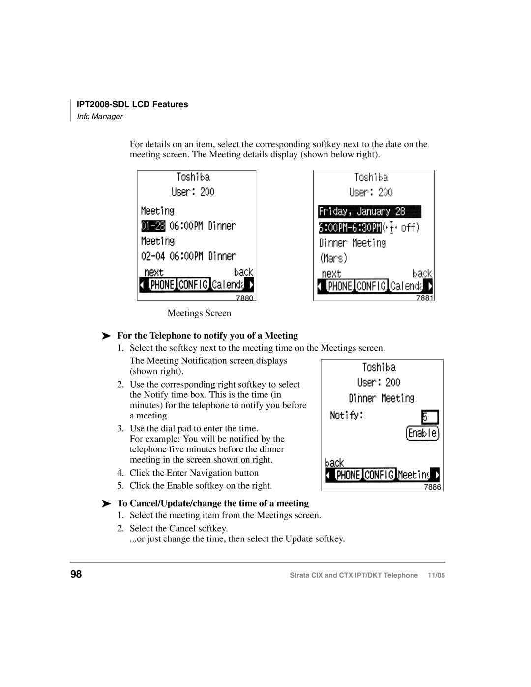 Toshiba Strata DKT, Strata IPT For the Telephone to notify you of a Meeting, To Cancel/Update/change the time of a meeting 