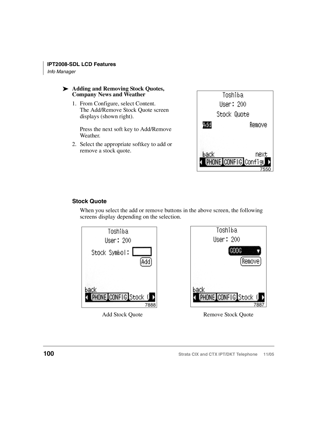 Toshiba Strata DKT, Strata IPT manual 100, Adding and Removing Stock Quotes Company News and Weather 