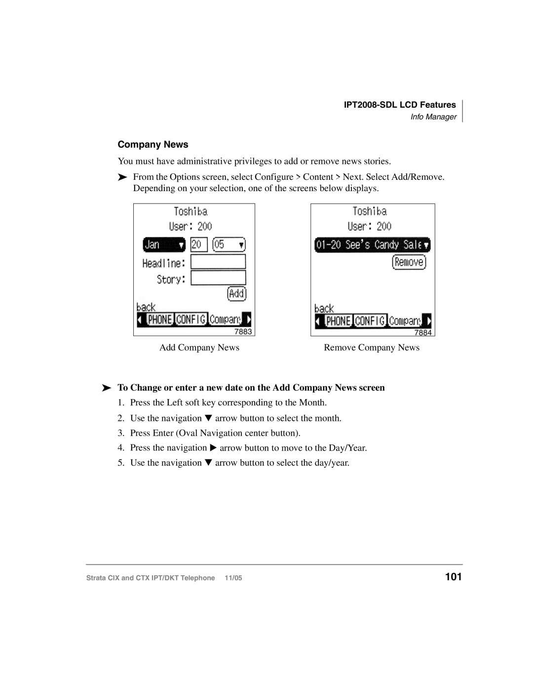 Toshiba Strata IPT, Strata DKT manual 101, To Change or enter a new date on the Add Company News screen 