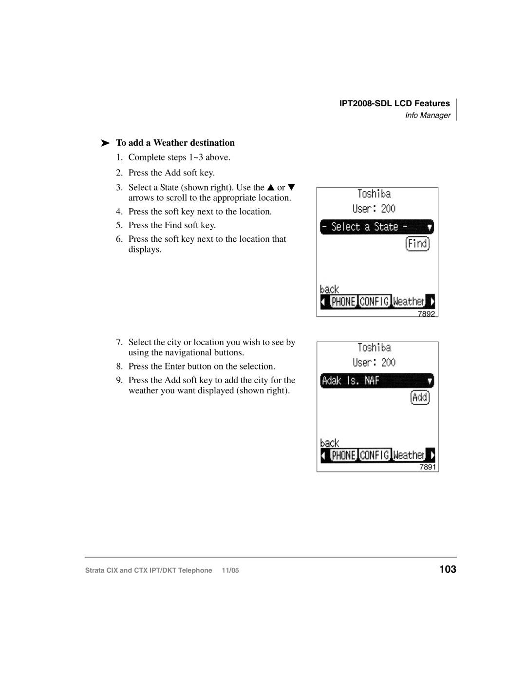 Toshiba Strata IPT, Strata DKT manual 103, To add a Weather destination 