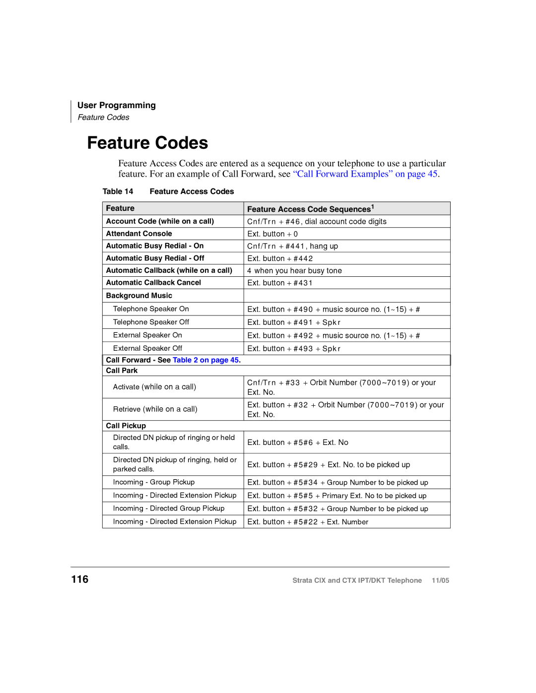 Toshiba Strata DKT, Strata IPT manual Feature Codes, 116, Feature Access Codes Feature Access Code Sequences 