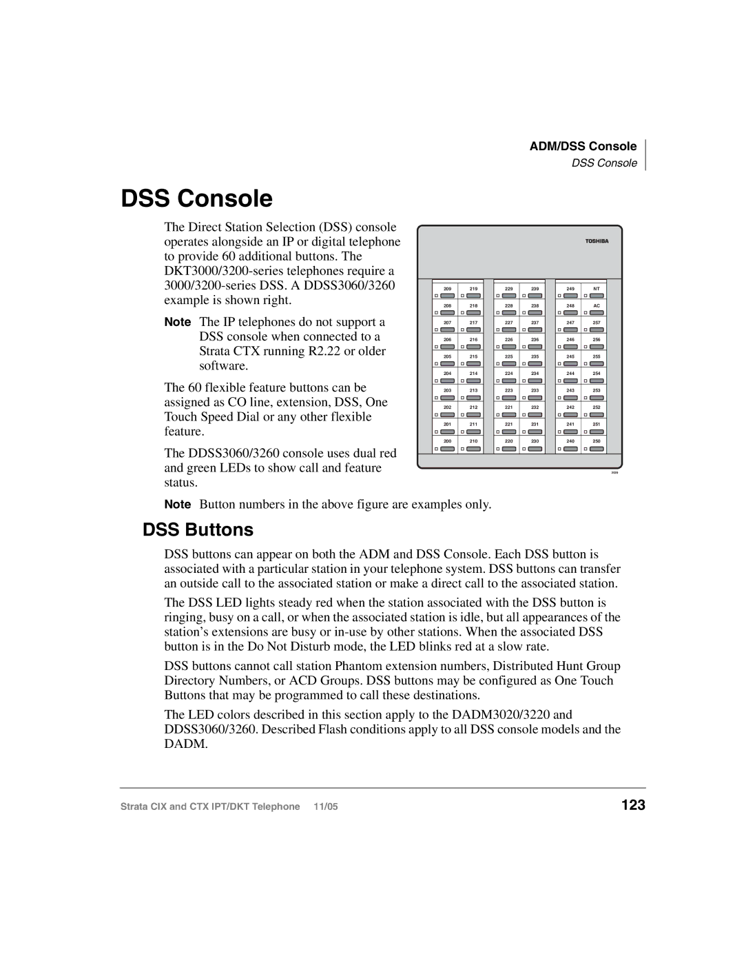 Toshiba Strata IPT, Strata DKT manual DSS Console, DSS Buttons, 123 