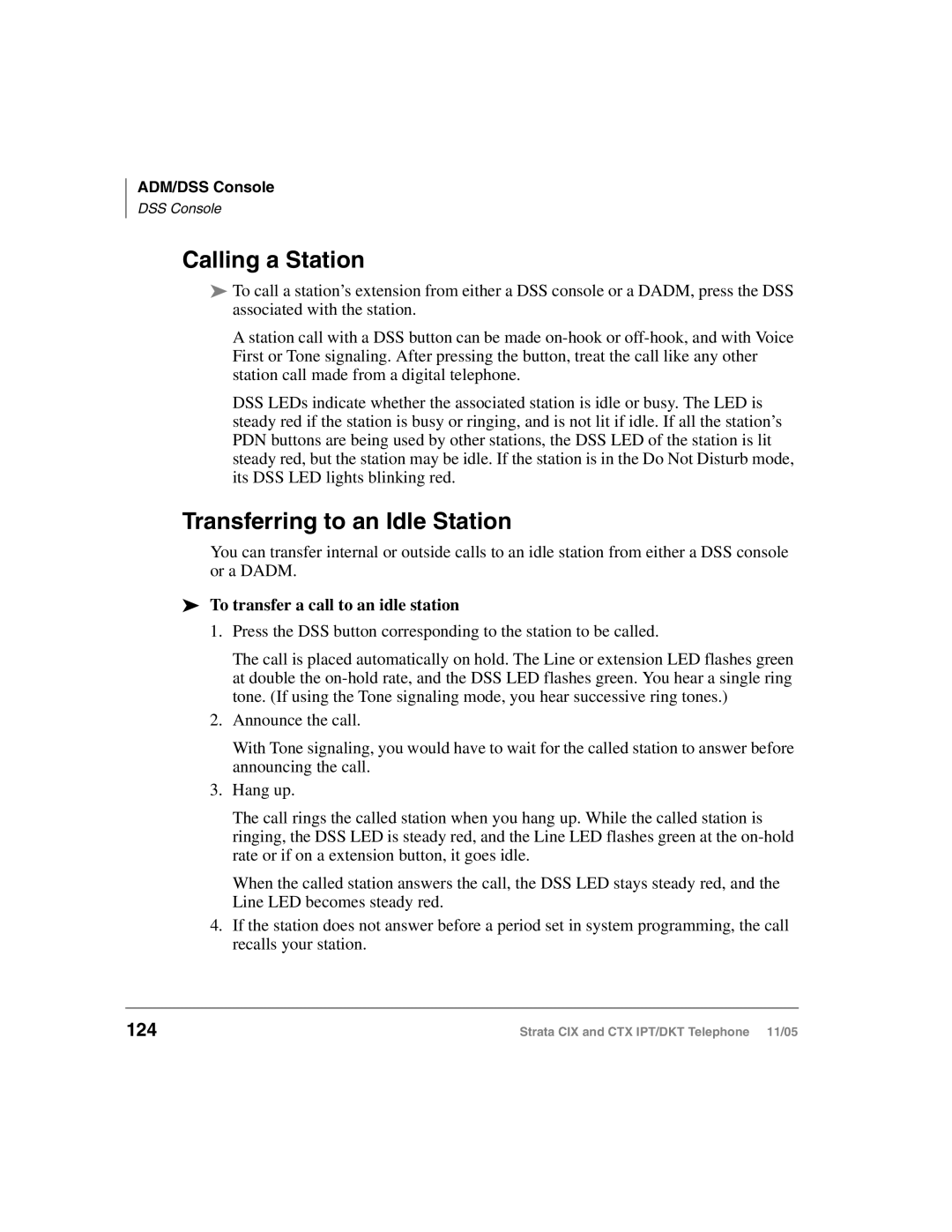 Toshiba Strata DKT manual Calling a Station, Transferring to an Idle Station, 124, To transfer a call to an idle station 