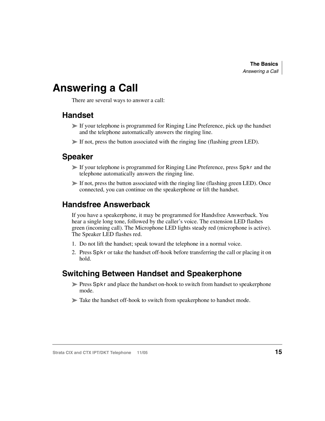 Toshiba Strata IPT, Strata DKT manual Answering a Call, Handsfree Answerback, Switching Between Handset and Speakerphone 