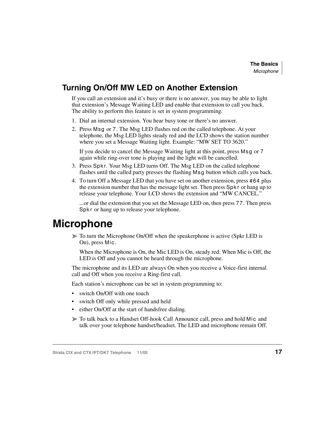 Toshiba Strata IPT, Strata DKT manual Microphone, Turning On/Off MW LED on Another Extension 