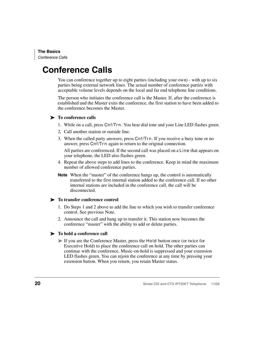 Toshiba Strata DKT manual Conference Calls, To conference calls, To transfer conference control, To hold a conference call 