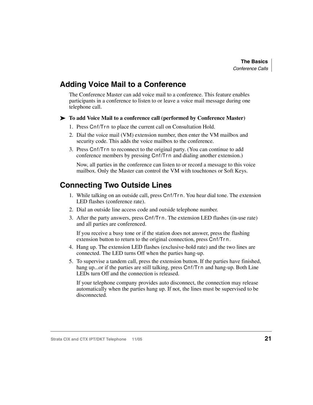 Toshiba Strata IPT, Strata DKT manual Adding Voice Mail to a Conference, Connecting Two Outside Lines 