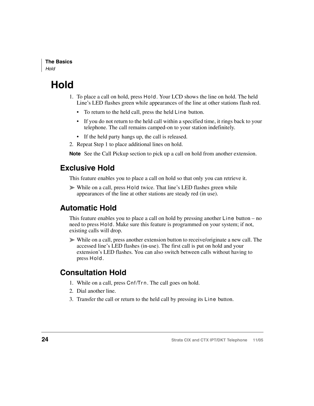 Toshiba Strata DKT, Strata IPT manual Exclusive Hold, Automatic Hold, Consultation Hold 