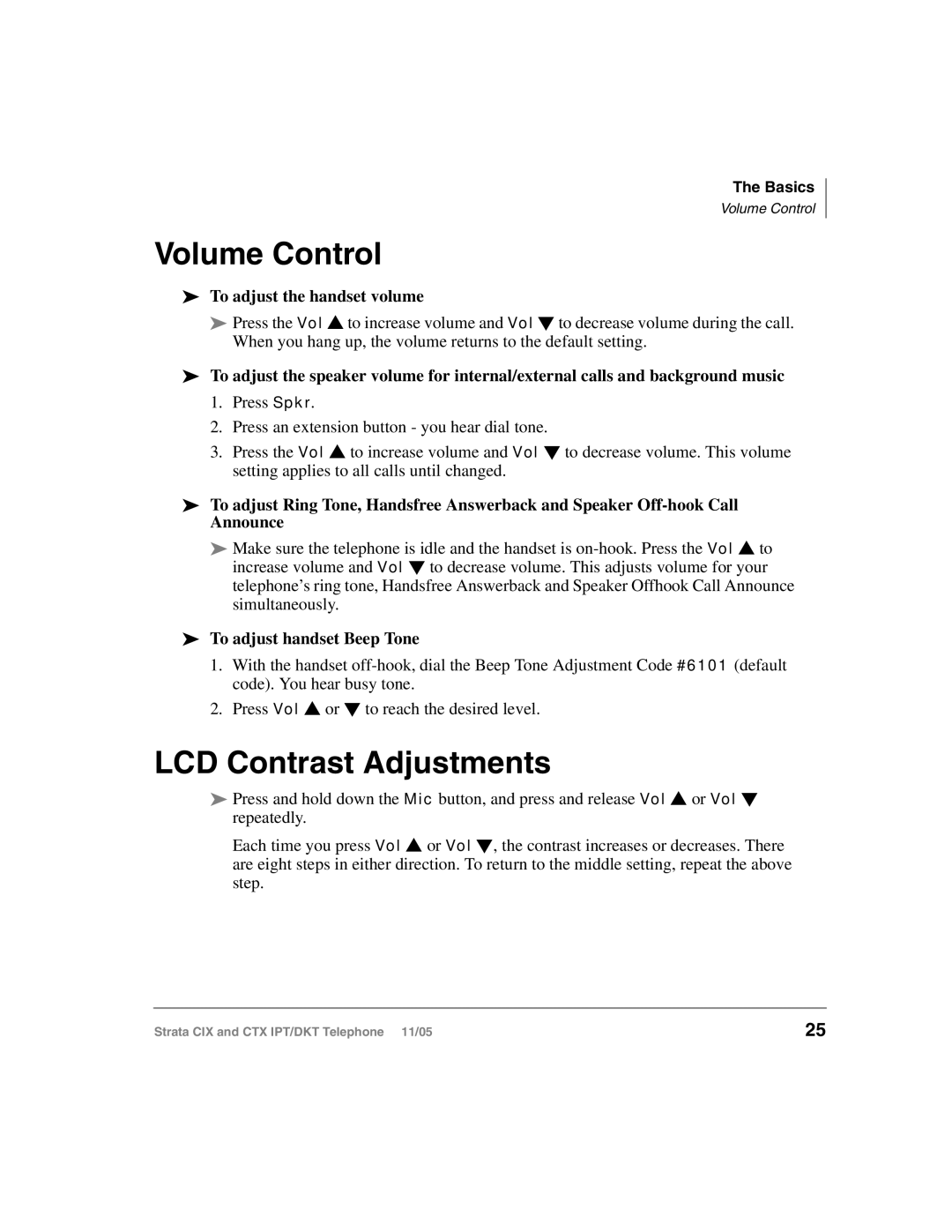 Toshiba Strata IPT Volume Control, LCD Contrast Adjustments, To adjust the handset volume, To adjust handset Beep Tone 