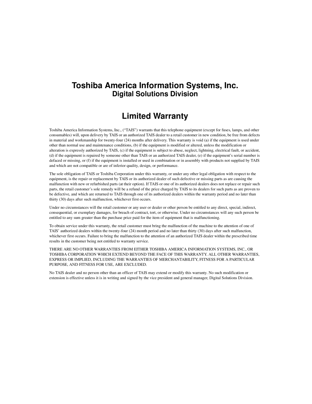 Toshiba Strata DKT, Strata IPT manual Toshiba America Information Systems, Inc 