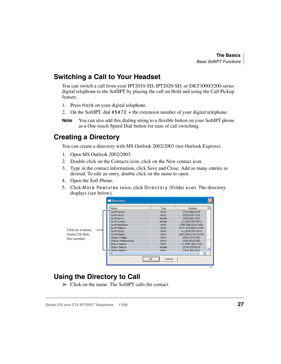 Toshiba Strata IPT, Strata DKT manual Switching a Call to Your Headset, Creating a Directory, Using the Directory to Call 