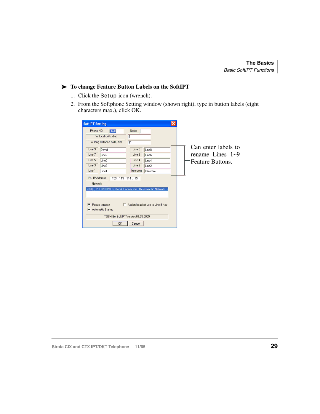 Toshiba Strata IPT Can enter labels to rename Lines 1~9 Feature Buttons, To change Feature Button Labels on the SoftIPT 