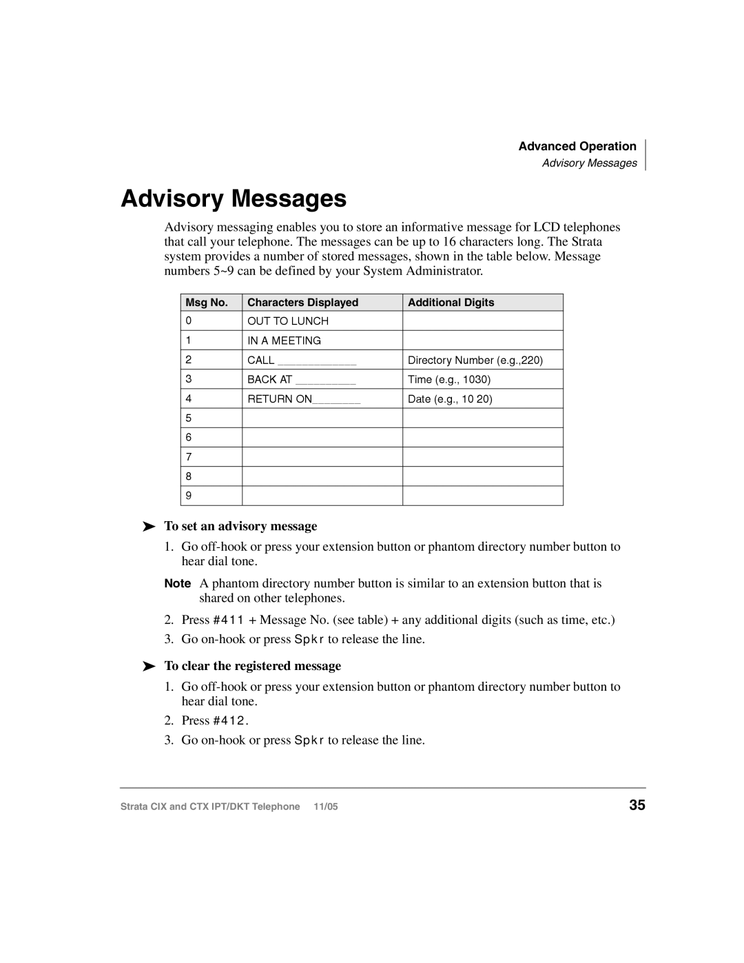 Toshiba Strata IPT, Strata DKT manual Advisory Messages, To set an advisory message, To clear the registered message 