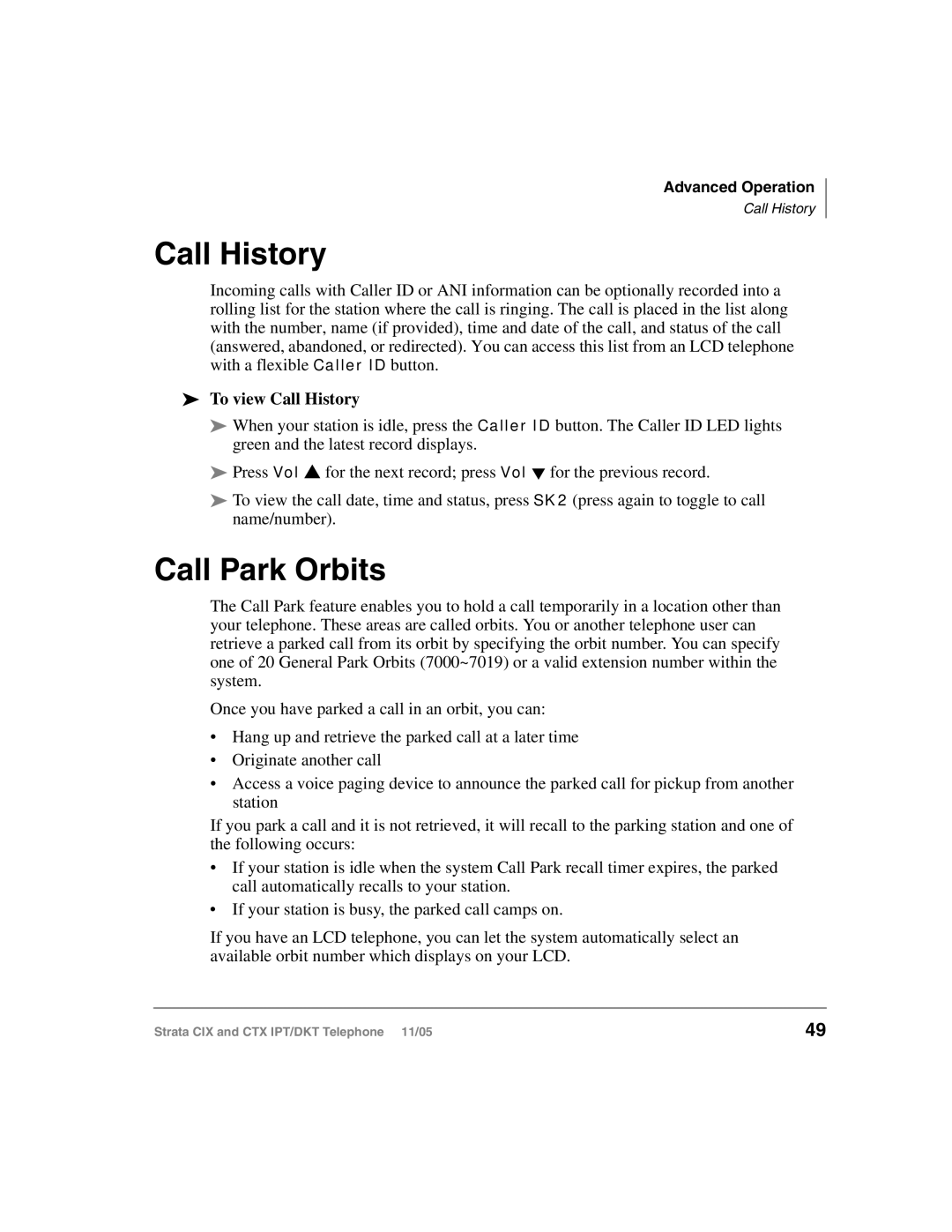 Toshiba Strata IPT, Strata DKT manual Call Park Orbits, To view Call History 