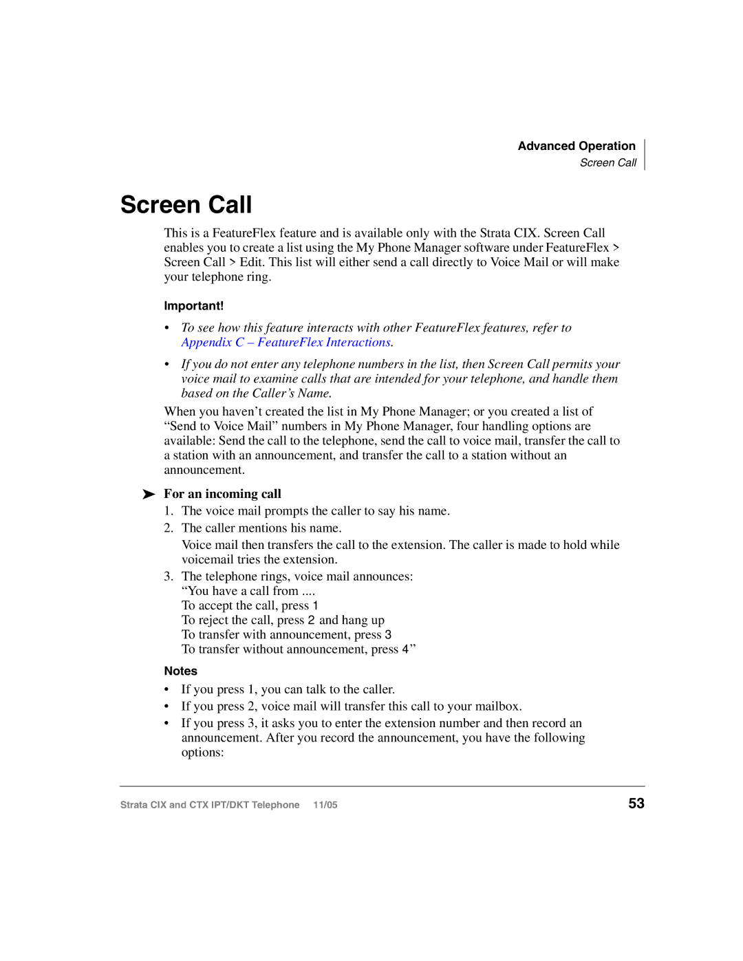 Toshiba Strata IPT, Strata DKT manual Screen Call, For an incoming call 