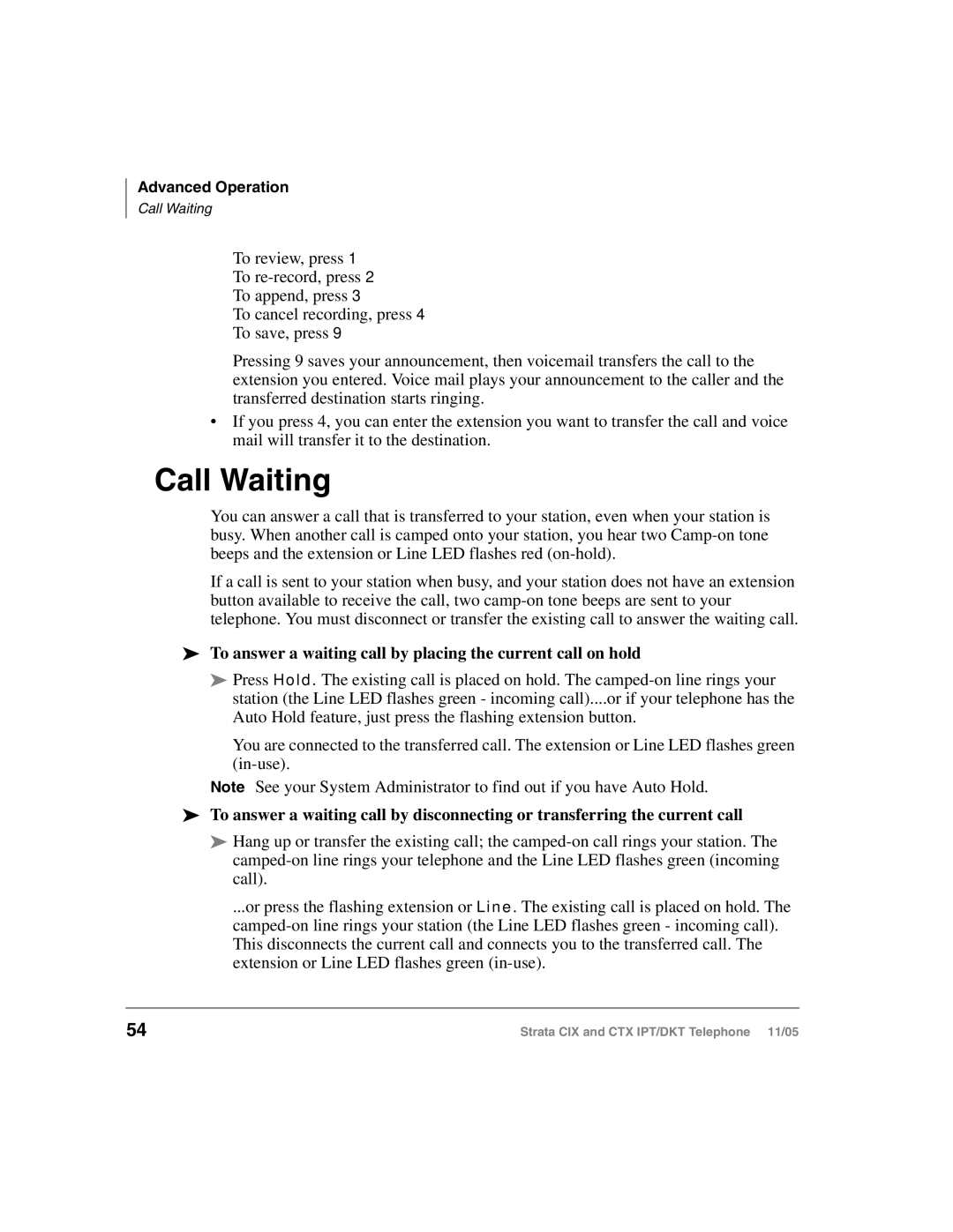 Toshiba Strata DKT, Strata IPT manual Call Waiting, To answer a waiting call by placing the current call on hold 